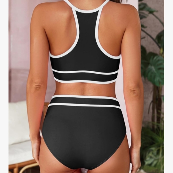 Black High-Neck Bikini with Racerback and High-Waisted Bottoms - Picture 2 of 4
